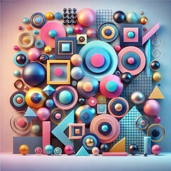 Obraz premium An abstract artistic composition featuring a variety of colorful geometric shapes such as circles, triangles, squares, and hexagons