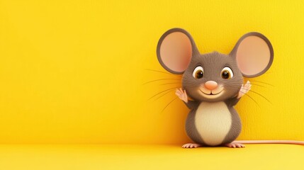 A cartoon illustration of a funny cute mouse character on yellow color background