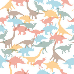 Seamless illustrated pattern with prehistoric transparent dinosaurus on white background © Mantella