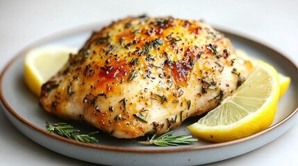   A close-up image of a chicken on a dish with lemon wedges next to it