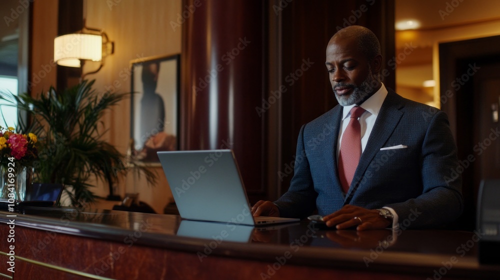 Poster a man in a suit is sitting at a desk with a laptop open
