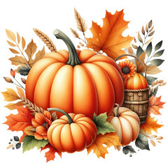 Naklejka premium A 3D watercolor pumpkin composition with leaves, perfect for autumn designs and Thanksgiving Day isolated PNG