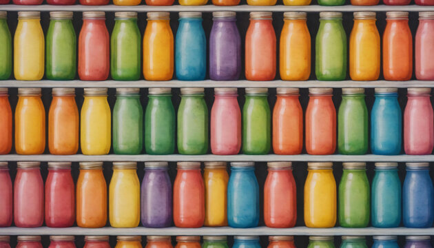 Colorful bottles on shelves, vibrant display, artistic style, copy space