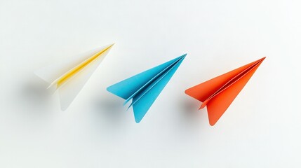   Three airplanes, orange, blue, and yellow, sit together atop a white surface