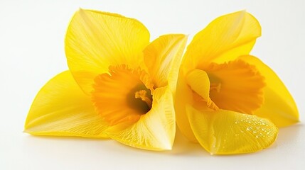  Two yellow daffodils with water drops on a white background