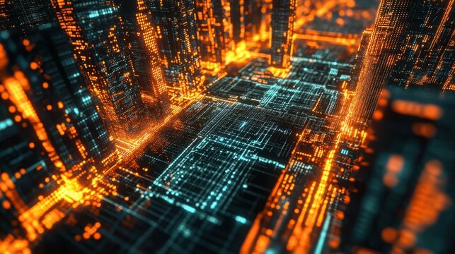 Blockchain concept. Big data binary code futuristic information technology, data flow. Transferring of big data. interconnected blocks of data depicting a cryptocurrency blockchain. 3D Rendering. - Powered by Adobe