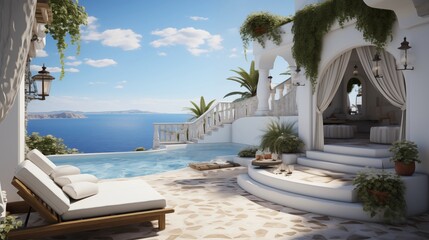 Fototapeta premium a terrace with an ocean view with a white lounge by the pool IN LIGHTSHINE. 