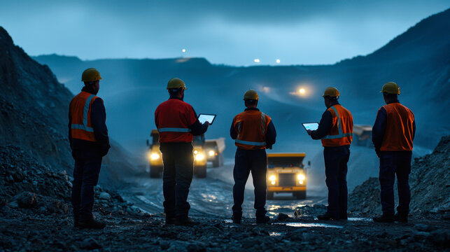 Mining engineers analyze data in quarry at dusk, showcasing teamwork and technology. scene highlights importance of safety and innovation in mining operations