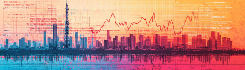 Obraz premium Fossil fuel, climate change and economy concept. Industrial landscape merging with financial graphs, showcasing growth