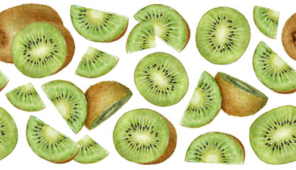 Fototapeta premium Horizontal seamless pattern with watercolor hand drawn kiwi fruit parts isolated on white background