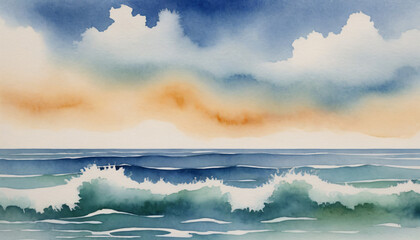 Obraz premium Abstract ocean waves under cloudy sky, calming colors, watercolor style, copy space