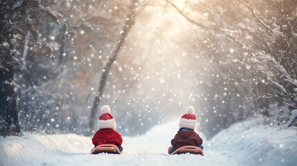 Winter Wonderland Children Sledding in Snowy Forest