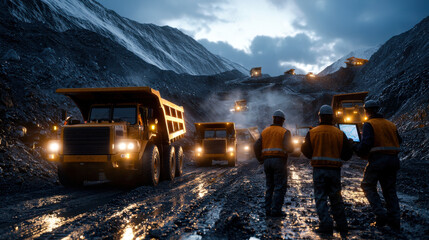Mining engineers analyze data in rugged landscape with heavy machinery. scene captures teamwork and technology involved in modern mining operations