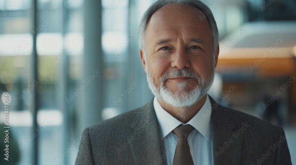 Poster a man in a suit and tie is smiling for the camera