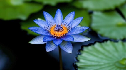   A blue flower with a yellow center is surrounded by green and yellow water lilies in a pond
