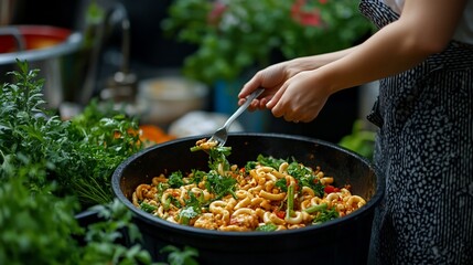 Obraz premium Close-up of hands serving pasta salad from a large black bowl.