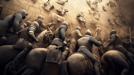 Obraz premium Medieval warriors in armor on horseback charging towards an enemy fortress depicted on a large stone relief sculpture