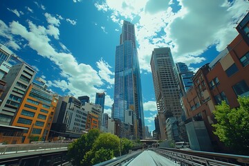 Fototapeta premium Elevated Walkway View of City Skyline with Anonymous People