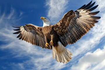 Obraz premium Majestic bald eagle soaring against a bright blue sky with fluffy clouds in the background