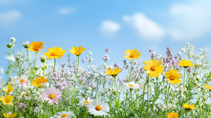 Obraz premium Vibrant Yellow and White Wildflowers Bloom Abundantly in Sunny Meadow Under a Blue Sky with Fluffy White Clouds