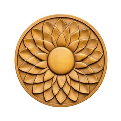 Obraz premium A circular wooden carving featuring a floral design, showcasing intricate petals radiating from a central circle, emphasizing craftsmanship and natural aesthetics.