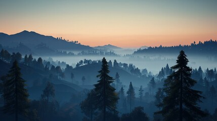 Obraz premium A stunning image of a mountain range with tree-filled foregrounds and a hazy sky in the background
