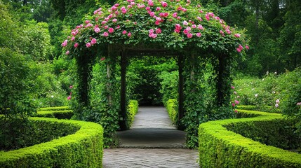 Obraz premium Gazebo with ivy-covered roof, in a rose garden with neatly trimmed bushes 