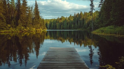 ranquil lake surrounded by tall evergreen trees, with a wooden dock extending into the still water and the distant sound of loons echoing across the water
