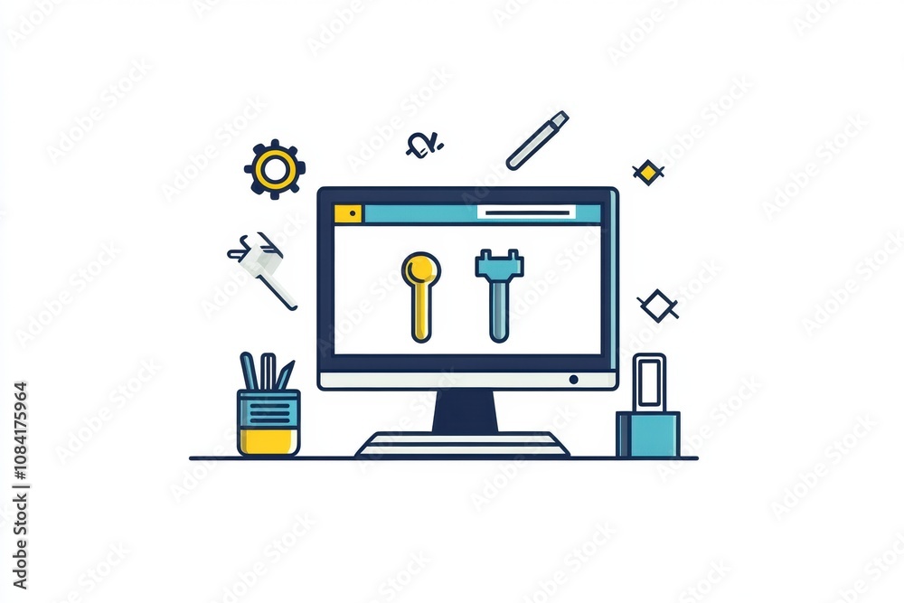 Aufkleber A computer monitor displays icons representing tools and settings, signifying tasks related to digital repair and configuration in an office. Generative AI