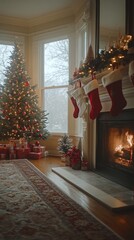 Fototapeta premium Cozy winter holiday living room with a Christmas tree and fireplace decorated for the season