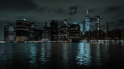 Obraz premium Panoramic night view of the New York skyline with neon-lit skyscrapers and reflections in the water, featuring Manhattan island. 