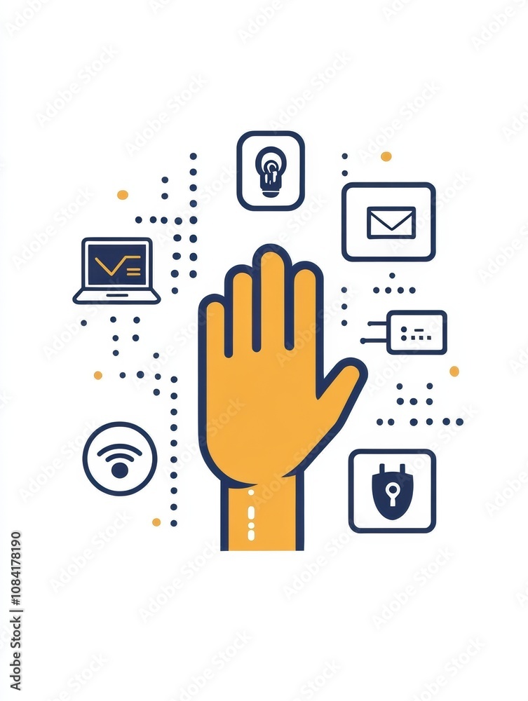 Leinwandbilder A hand extends toward a computer surrounded by various icons symbolizing settings, security, and digital connectivity efforts. Generative AI
