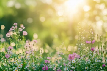 Obraz premium Sunlit field of wildflowers blooming in spring with a soft golden glow in the background