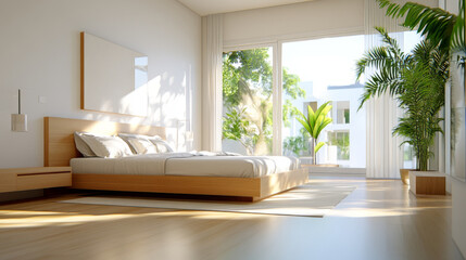 Fototapeta premium A bright and airy bedroom featuring wooden bed frame, large windows, and lush indoor plants. natural light creates serene atmosphere, perfect for relaxation