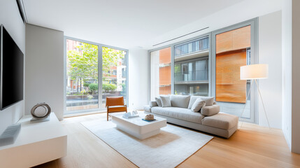 Fototapeta premium Modern living room with large windows, natural light, and minimalist decor. space features comfortable sofa, stylish chair, and sleek coffee table, creating serene atmosphere