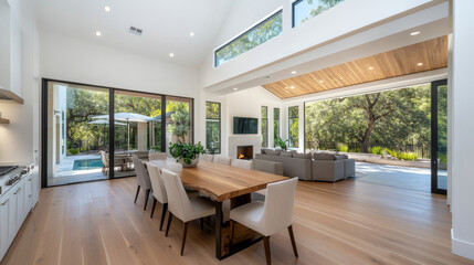 Fototapeta premium A spacious modern dining area features large wooden table surrounded by elegant chairs, with large windows allowing natural light to flood room. open layout connects to serene outdoor space, enhancing