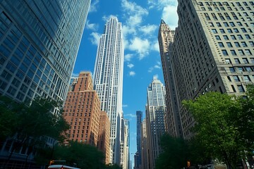 Obraz premium Glass Skyscrapers Reach for Cloudy Sky in City Street