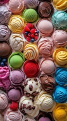 Obraz premium Colorful display of assorted ice cream flavors arranged in rows on a blue background