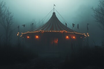 Fototapeta premium A mysterious circus tent illuminated at night during rain in a hauntingly atmospheric setting
