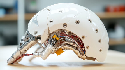 Fototapeta premium Innovative robotic helmet showcasing advanced technology and intricate design, featuring metallic components and wiring, ideal for futuristic applications