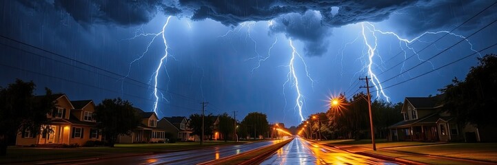 a dramatic scene of a thunderstorm raging over a residential street at night. effectively used light, shadow, and composition to create a dramatic and memorable scene. It evokes a sense of both wonder