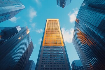 Obraz premium Golden Light Skyscrapers with Blue Sky and Clouds