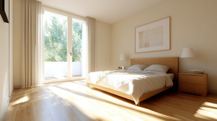 Fototapeta premium A bright and airy bedroom featuring wooden bed with soft bedding, large windows allowing natural light, and minimalistic decor. serene atmosphere invites relaxation and comfort