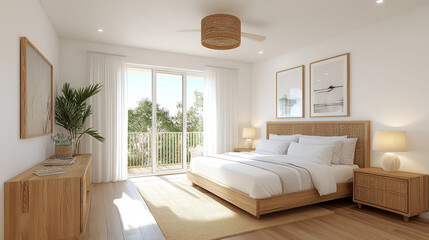 Fototapeta premium A bright and airy bedroom featuring wooden bed, natural light, and stylish decor. serene atmosphere is enhanced by greenery visible through balcony doors
