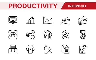 Productivity Icon Set. Modern and inspiring icons designed to enhance efficiency and organization, perfect for productivity apps, task management tools, and workflow solutions.