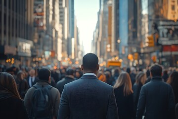 Grey Suit Man Walks Through Busy City Street Crowd