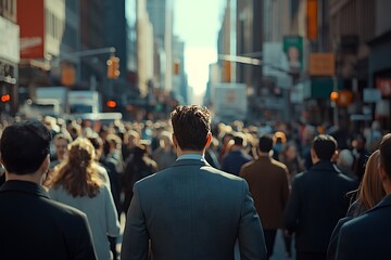 Fototapeta premium Grey Suit, City Skyline, Man Walking Through Crowd
