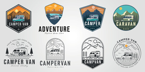 bundle of camper van logo illustration. set of  adventure caravan car symbol vector design