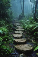A tranquil stone pathway through a misty forest with soft glowing lights at dusk