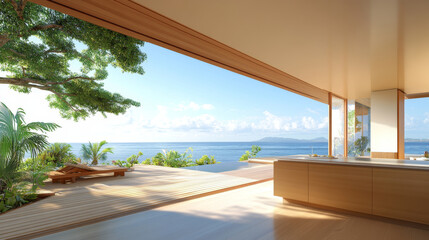 Fototapeta premium A stunning modern interior with breathtaking ocean view, featuring large windows that invite natural light and lush greenery. serene atmosphere creates perfect retreat